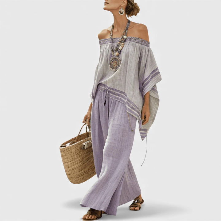 Zandrel | Elegant Off-Shoulder Top & Wide-Leg Striped Pants