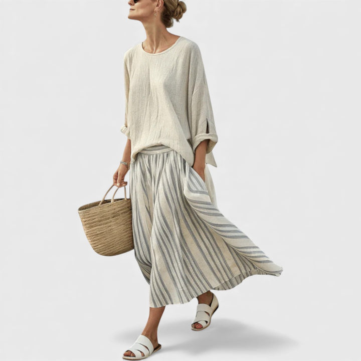 Aurcyn | Comfortable Loose Blouse & Striped Midi Skirt