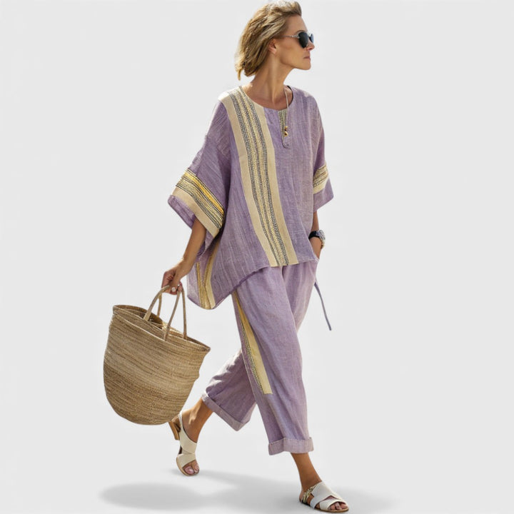 Elowric | Elegant Lavender Top & Mustard Striped Pants