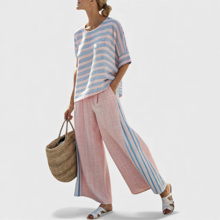 Virella | Elegant Pink-Blue Linen Blouse & Soft Pants
