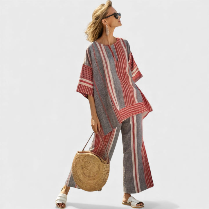 Bravine | Elegant Coral-Gray Linen Top & Wide-Leg Pants