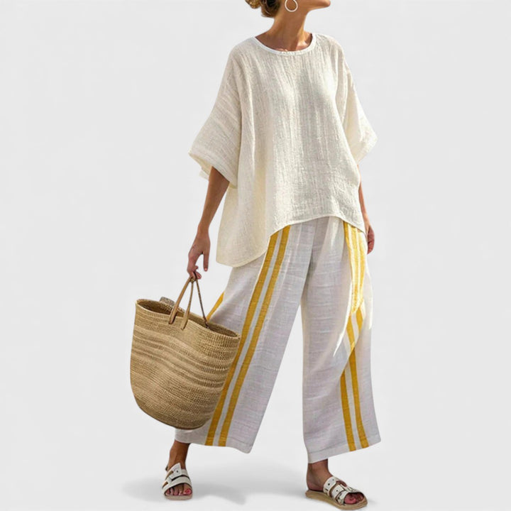 Anselor | Elegant Yellow Striped Linen Top & Wide-Leg Pants