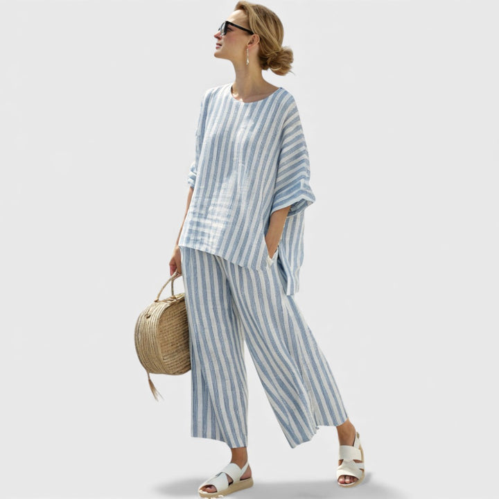 Rensleigh | Sophisticated Blue Striped Linen Top & Relaxed Pants