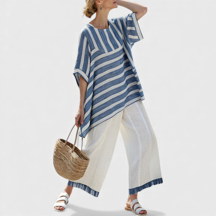 Corvielle | Sophisticated Blue Striped Top & Hem-Detailed Pants