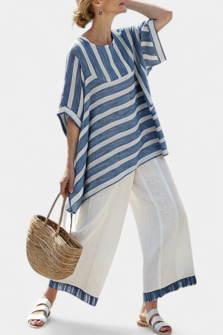Corvielle | Sophisticated Blue Striped Top & Hem-Detailed Pants