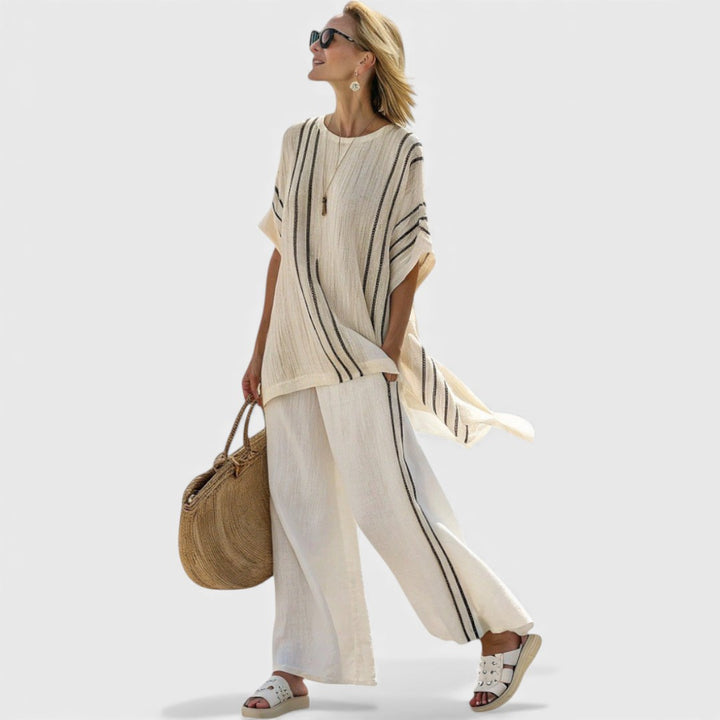 Greysen | Elegant Ivory Linen Blouse & Black Striped Pants