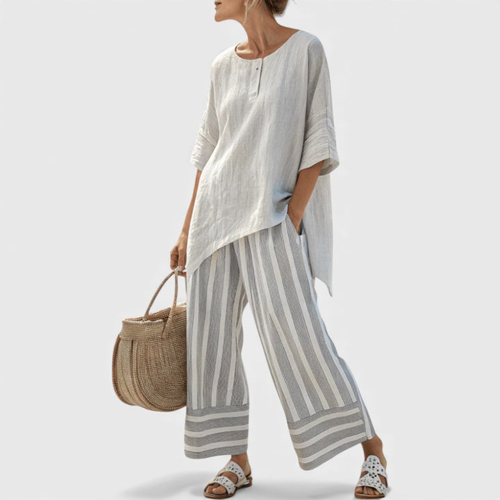 Talvora | Elegant Asymmetrical Blouse & Striped Pants