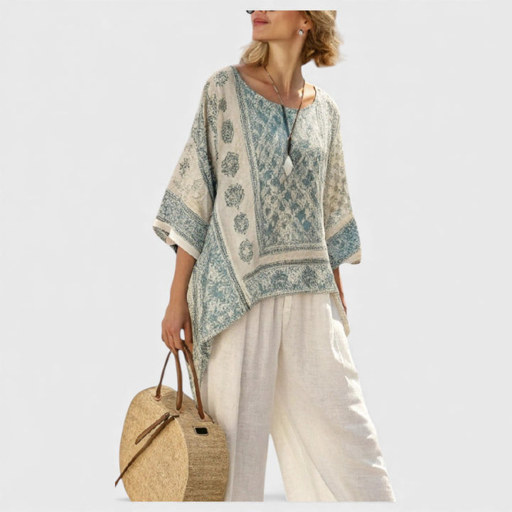 Quinley | Comfortable Printed Blouse & Wide-Leg White Pants