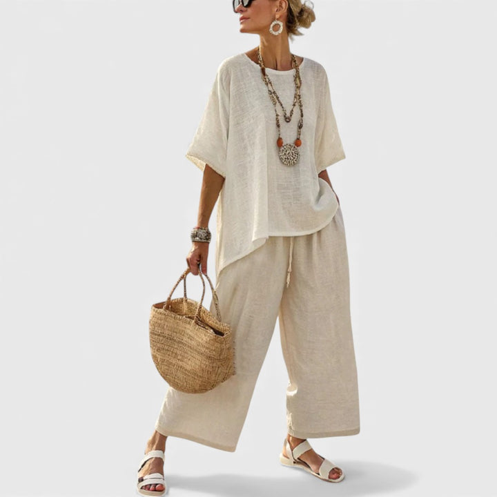 Drevon | Comfortable Minimalist Raw Blouse & Wide-Leg Pants