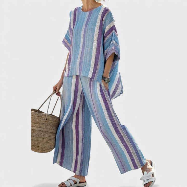Faelith | Elegant Mauve Pastel Top & Striped Linen Pants