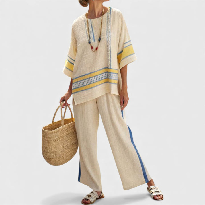 Jaxmere | Comfortable Blue-Yellow Mediterranean Top & Linen Pants