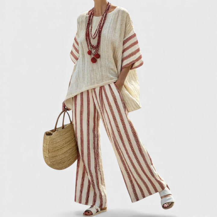 Braelith | Elegant Rustic Striped Top & Cream Linen Pants