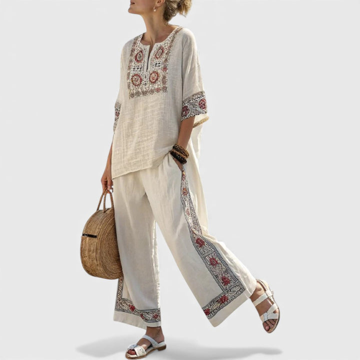 Tameric | Sophisticated Embroidered Raw Blouse & Wide Pants