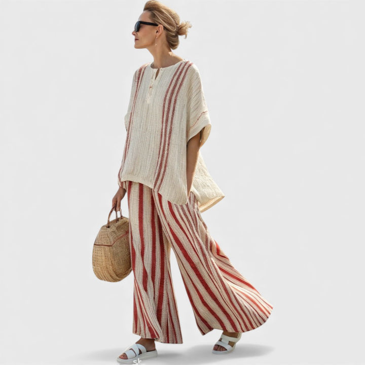 Mirella | Sophisticated Textured Red-Stripe Top & Linen Pants
